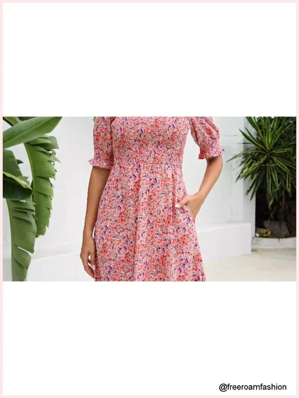 Women Casual Summer Midi Dress Crewneck Puff Sleeve A-Line with Pockets Smocked